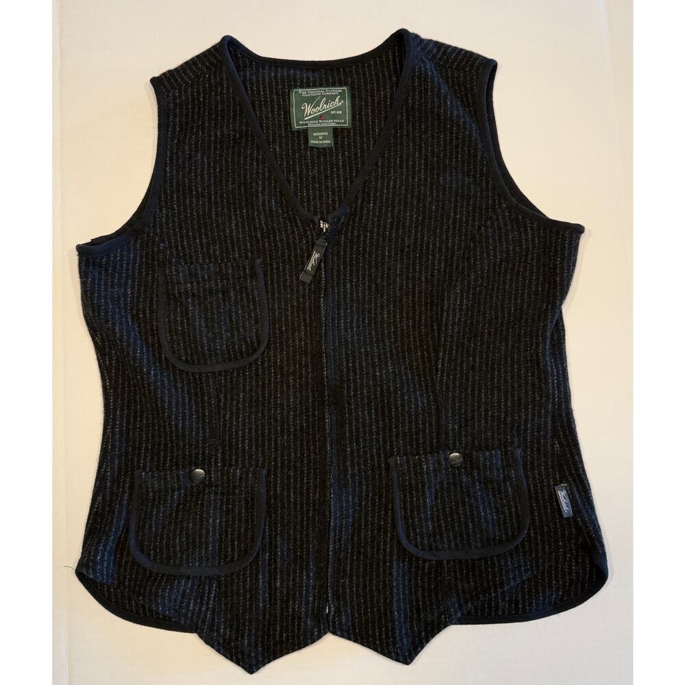 Woolrich Women's Black Stripe Sweater Vest Zip Front Pockets M